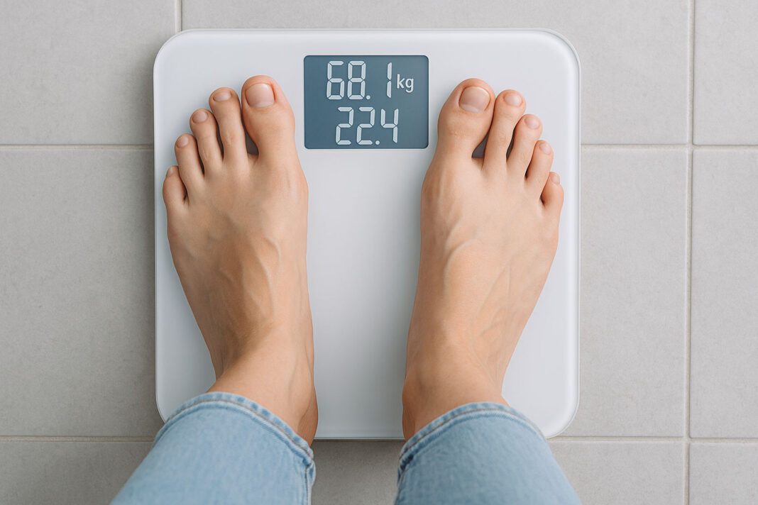 prawidlowe-bmi Osoba stojąca na wadze z prawidłową wagą i BMI