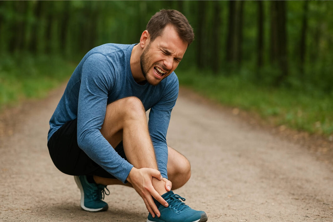 skrecenie-kostki Biegacz ze skręconą kostką w lesie