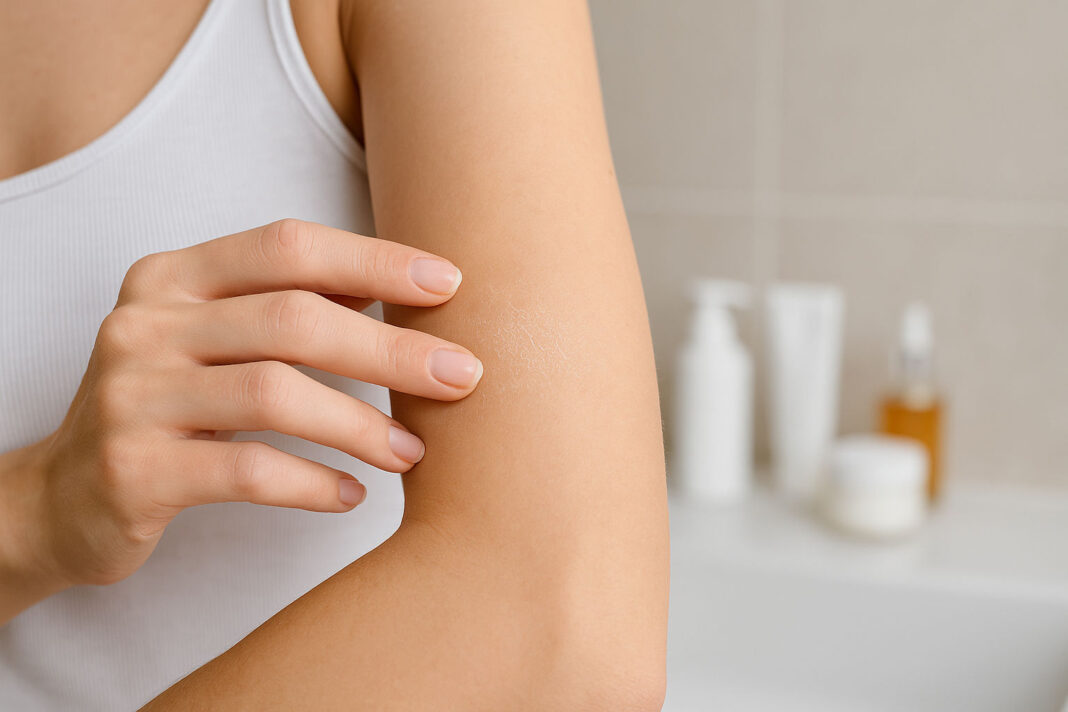 sucha-skora-pielegnacja Kobieta z suchą skórą, w tle kosmetyki do pielęgnacji cery