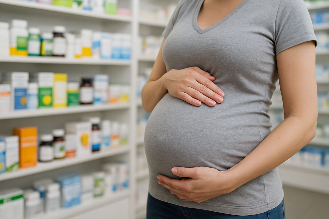 suplementy-w-ciazy Kobieta w ciąży w aptece, szukająca suplementów