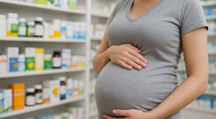 Kobieta w ciąży w aptece, szukająca suplementów