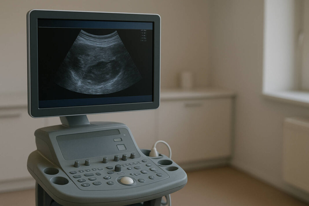 Obraz USG jamy brzusznej na ultrasonogramie