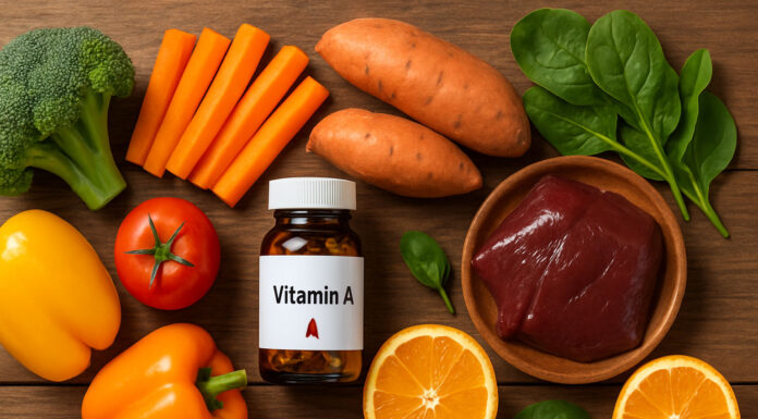Produkty zawierające witaminę A, papryka, pomarańcze, wątróbka, marchewka i inne warzywa