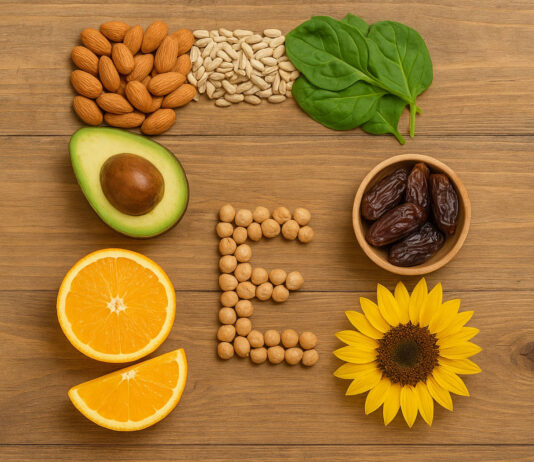 Produkty bogate w witaminę E ułożone w literę E