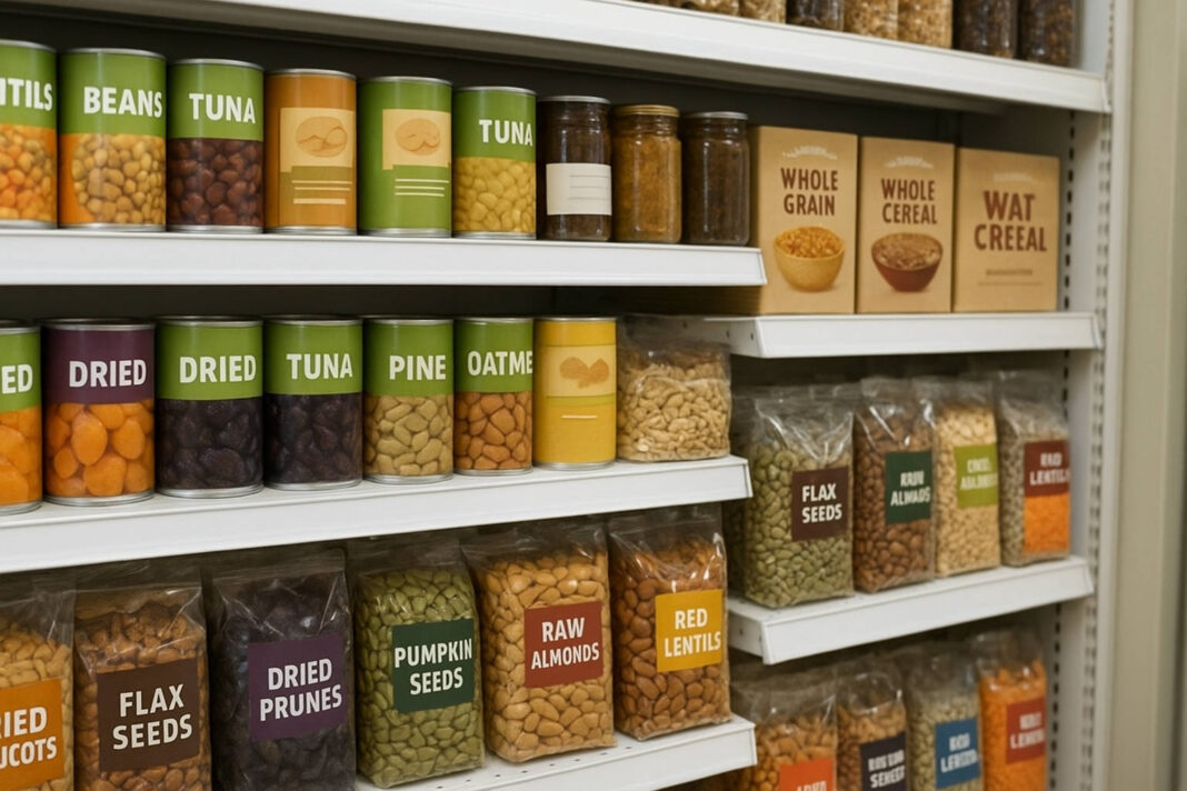 zelazo-niedobor Produkty bogate w żelazo na półce sklepowej, m.in tuńczyk, orzechy, pestki dyni