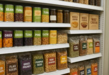 Produkty bogate w żelazo na półce sklepowej, m.in tuńczyk, orzechy, pestki dyni