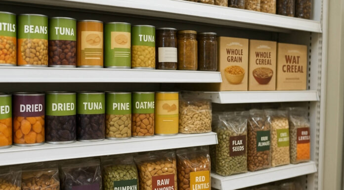 Niedobór żelaza – objawy, skutki i jak je uzupełniać Produkty bogate w żelazo na półce sklepowej, m.in tuńczyk, orzechy, pestki dyni