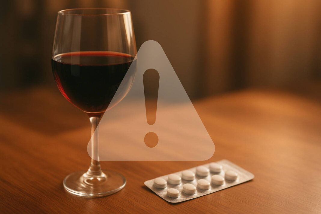 Kieliszek wina, antybiotyki i graficzny wykrzyknij, wskazujący na ostrzeżenie przed łączeniem alkoholu i antybiotyków.