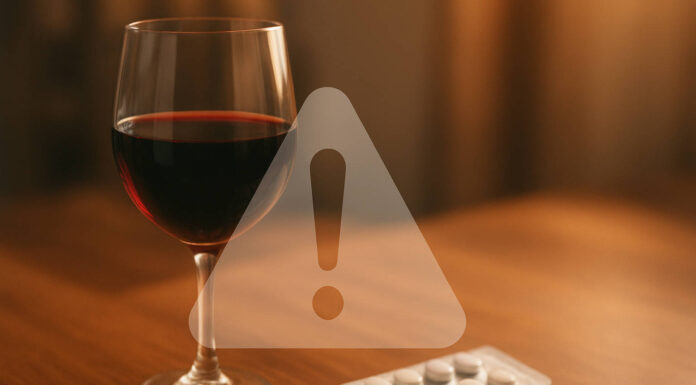 Kieliszek wina, antybiotyki i graficzny wykrzyknij, wskazujący na ostrzeżenie przed łączeniem alkoholu i antybiotyków.