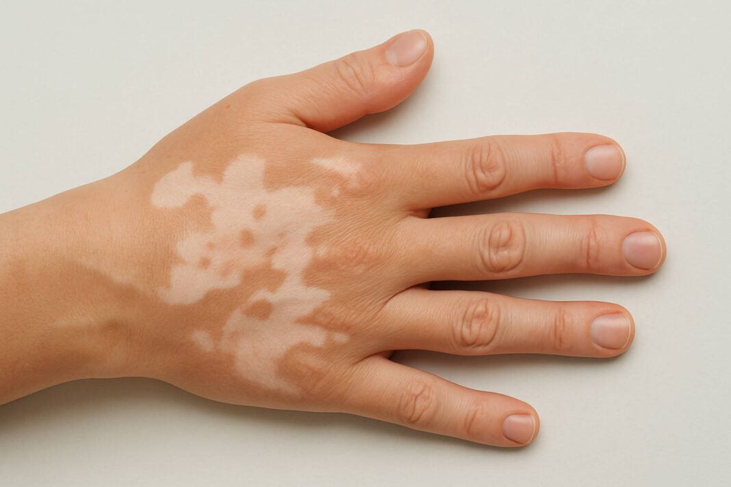 Ręka z białymi plamami na skórze (bielactwo)