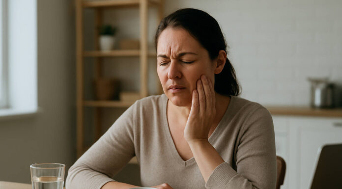 Ból zęba – przyczyny i sposoby na szybką ulgę Kobieta z widocznym grymasem na twarzy spowodowanym bólem zęba