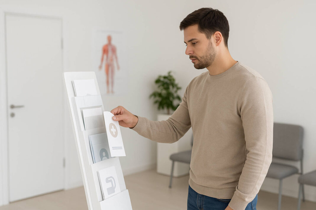 Mężczyzna trzymający ulotkę o chorobach wenerycznych w poczekalni