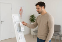 Choroby weneryczne – rodzaje i objawy zakażeń Mężczyzna trzymający ulotkę o chorobach wenerycznych w poczekalni