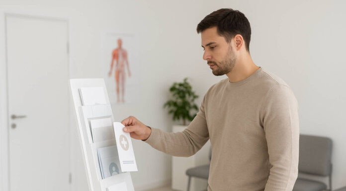 Mężczyzna trzymający ulotkę o chorobach wenerycznych w poczekalni