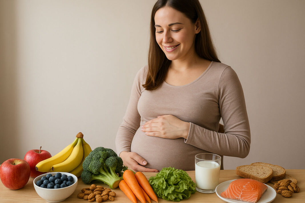 Kobieta w ciąży przy stole ze zdrowymi produktami, zalecanymi w ciąży