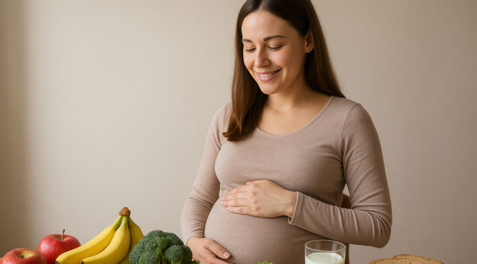 Kobieta w ciąży przy stole ze zdrowymi produktami, zalecanymi w ciąży