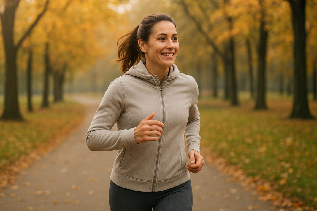 jak-wzmocnic-odpornosc Kobieta biegająca z uśmiechem w jesień, oznaka odporności