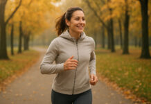 Kobieta biegająca z uśmiechem w jesień, oznaka odporności