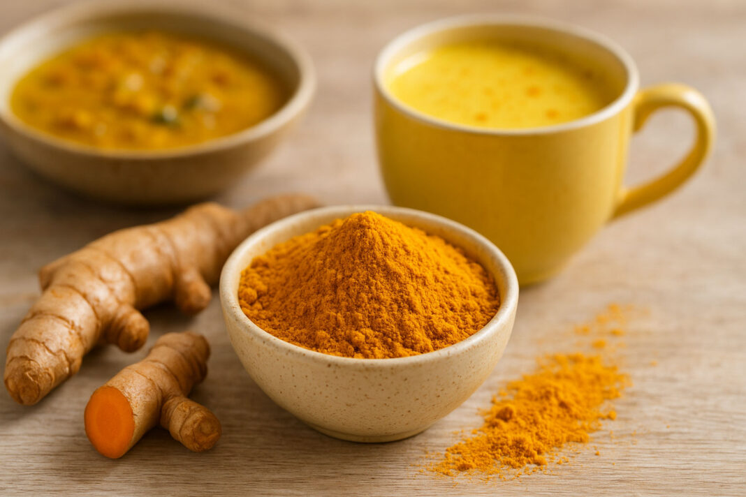 Zmielona kurkuma, korzeń kurkumy oraz złote mleko na stole