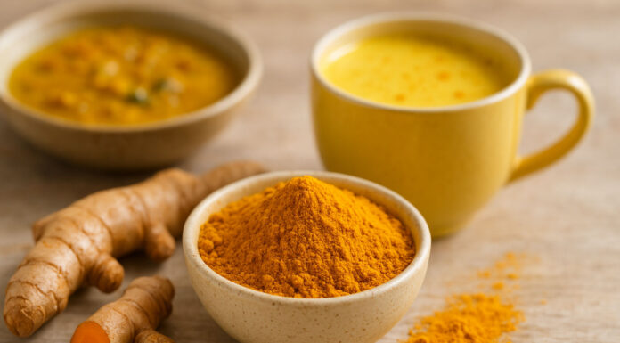 Zmielona kurkuma, korzeń kurkumy oraz złote mleko na stole