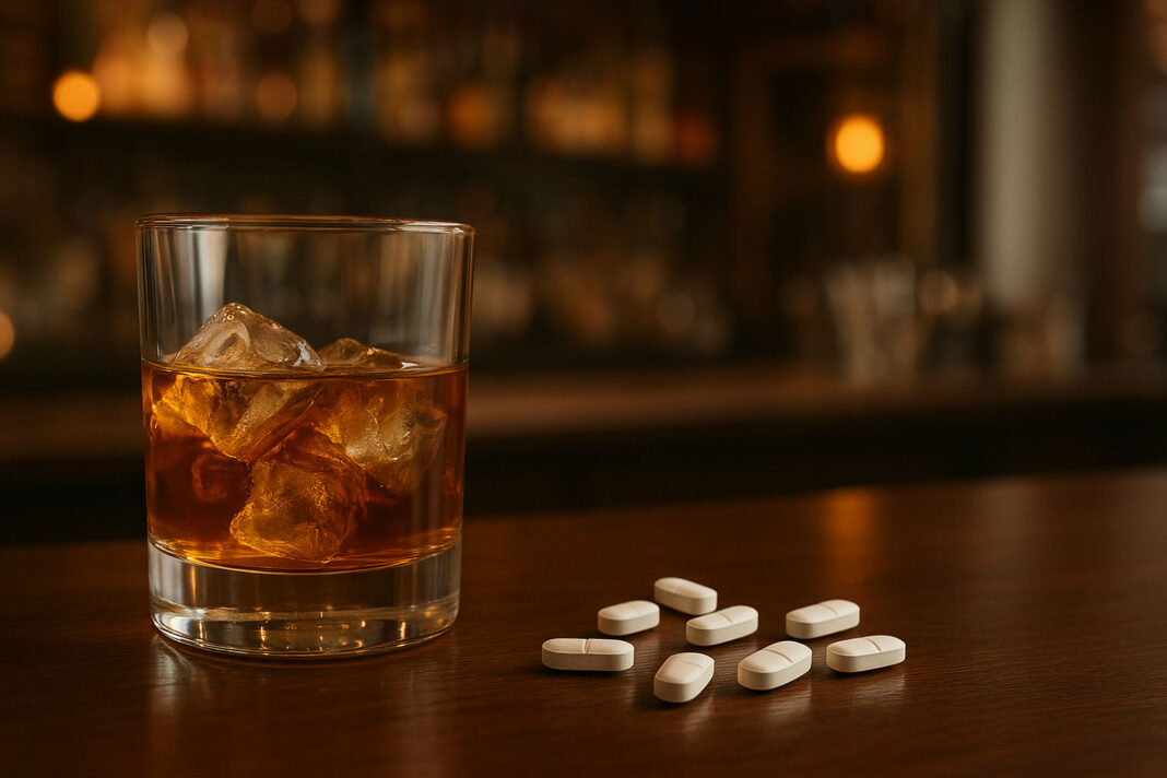 leki-przeciwbolowe-a-alkohol Szklanka whiskey na barze a obok leki przeciwbólowe
