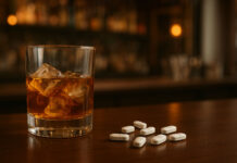Środki przeciwbólowe i alkohol – co warto wiedzieć o łączeniu Szklanka whiskey na barze a obok leki przeciwbólowe