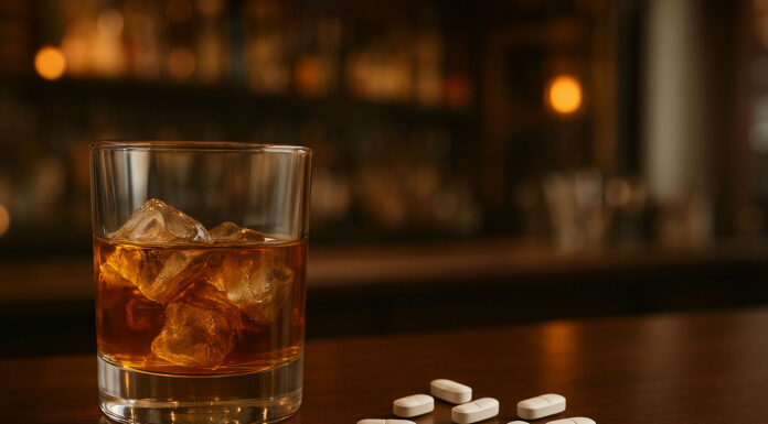 Środki przeciwbólowe i alkohol – co warto wiedzieć o łączeniu Szklanka whiskey na barze a obok leki przeciwbólowe