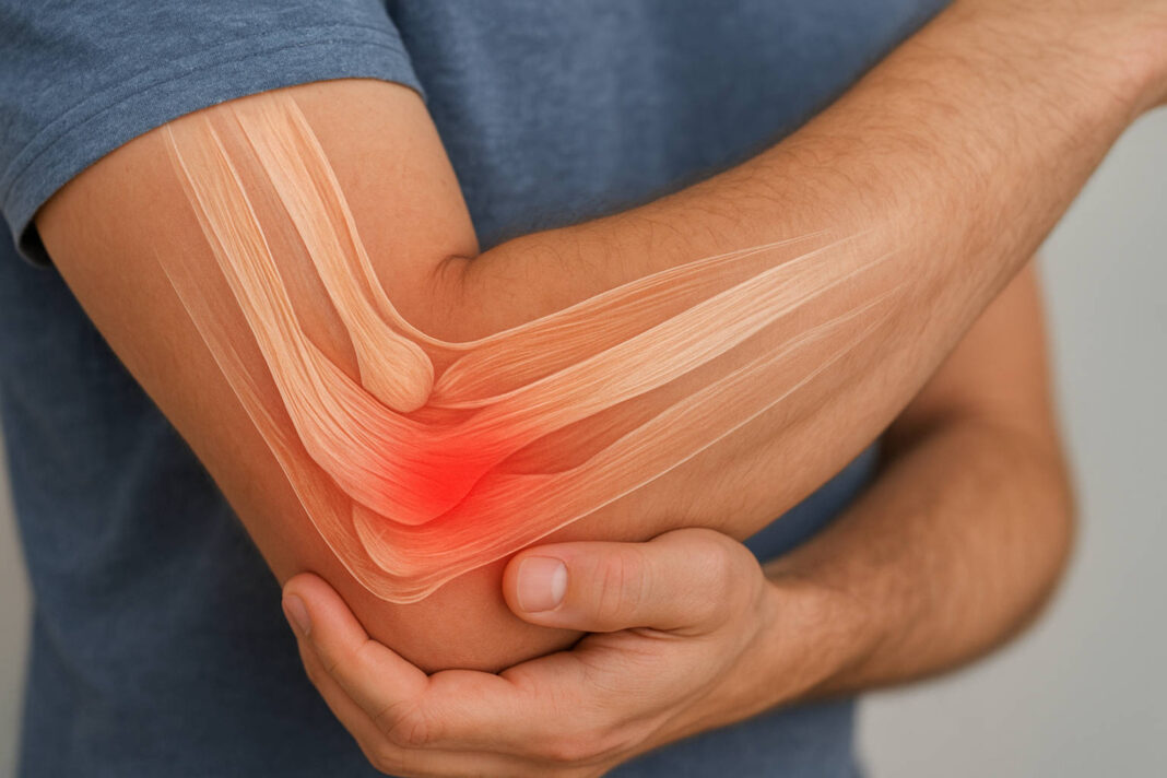 lokiec-tenisisty Mężczyzna trzymający się za łokieć, rysunek anatomiczny wskazujący na dolegliwość łokcia tenisisty