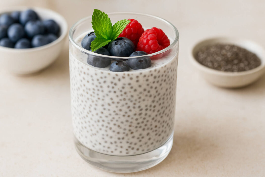 nasiona-chia Puddling z nasionami chia, w tle nasiona w miseczce i jagody