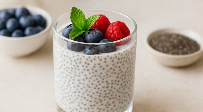 Nasiona chia – wartości odżywcze i korzyści zdrowotne Puddling z nasionami chia, w tle nasiona w miseczce i jagody