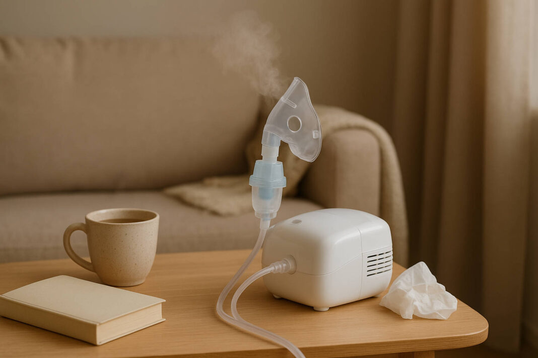 Nebulizator, w tle salon, herbata i książka