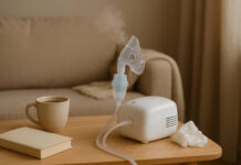 Nebulizacja w domu: krok po kroku dla dzieci i dorosłych Nebulizator, w tle salon, herbata i książka