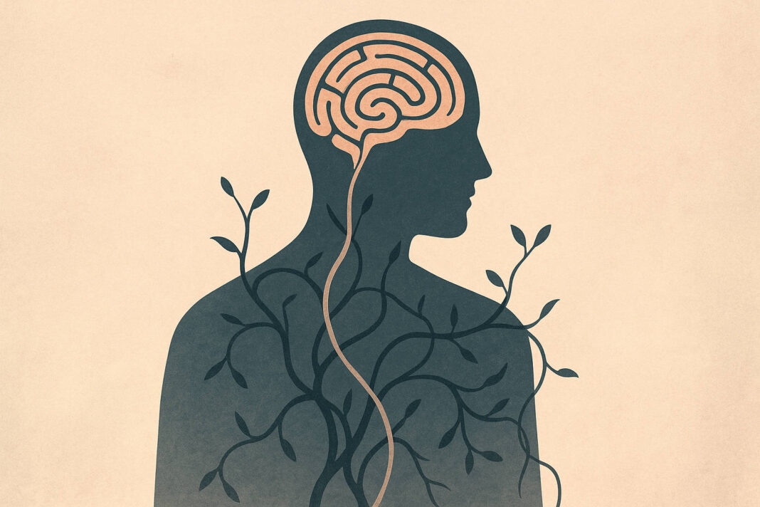 nerwica Ilustracja osoby z nerwicą, labirynt w mózgu i wyrastające korzenie z ciała.