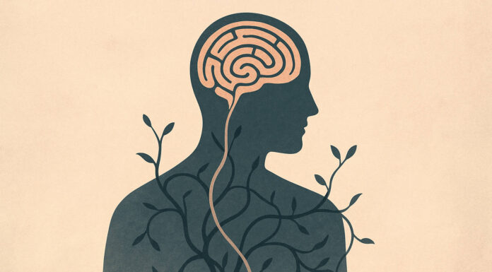 Ilustracja osoby z nerwicą, labirynt w mózgu i wyrastające korzenie z ciała.