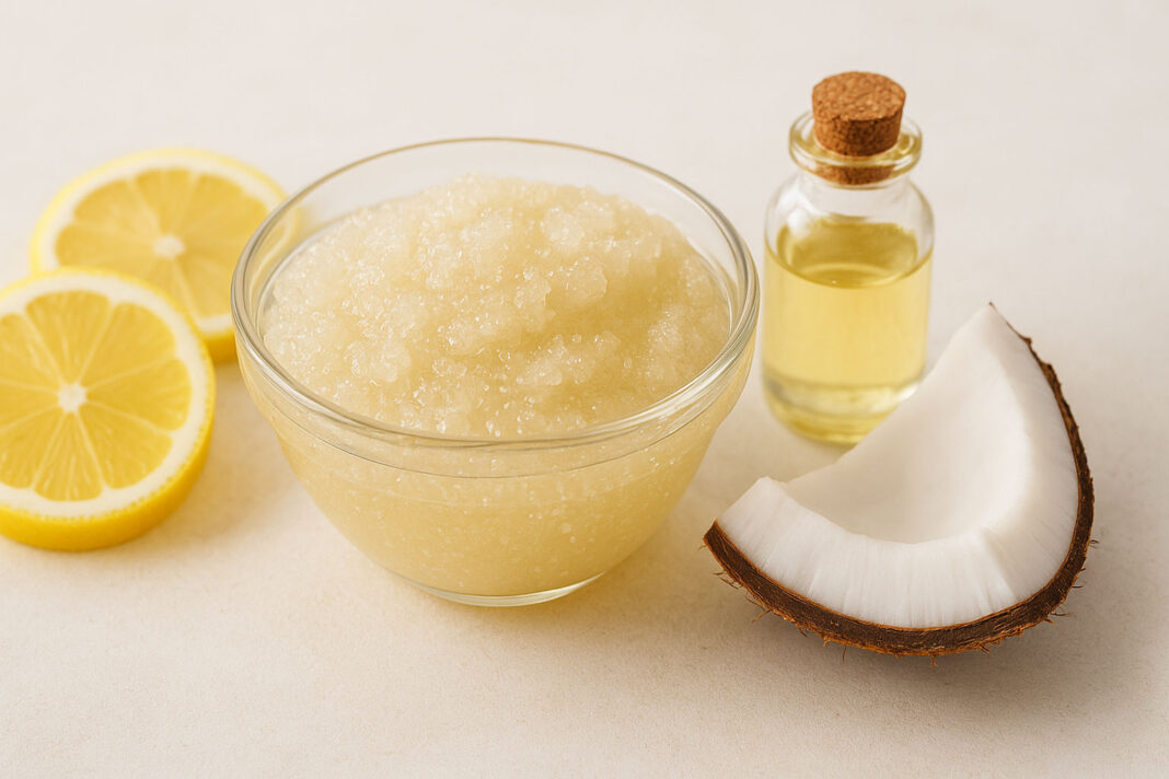 Peeling cukrowy i składniki na stole