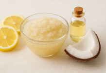 Peeling cukrowy – domowy sposób na gładką skórę Peeling cukrowy i składniki na stole