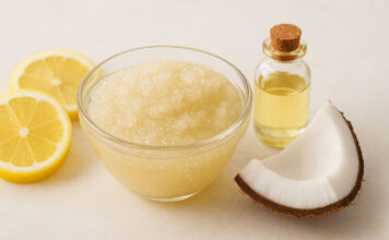 Peeling cukrowy – domowy sposób na gładką skórę Peeling cukrowy i składniki na stole