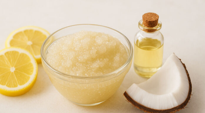 Peeling cukrowy i składniki na stole