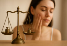 Pielęgnacja cery mieszanej: balans między suchą a tłustą skórą Waga, a w tle kobieta z cerą mieszaną