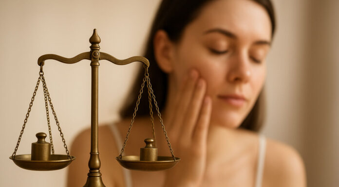 Pielęgnacja cery mieszanej: balans między suchą a tłustą skórą Waga, a w tle kobieta z cerą mieszaną