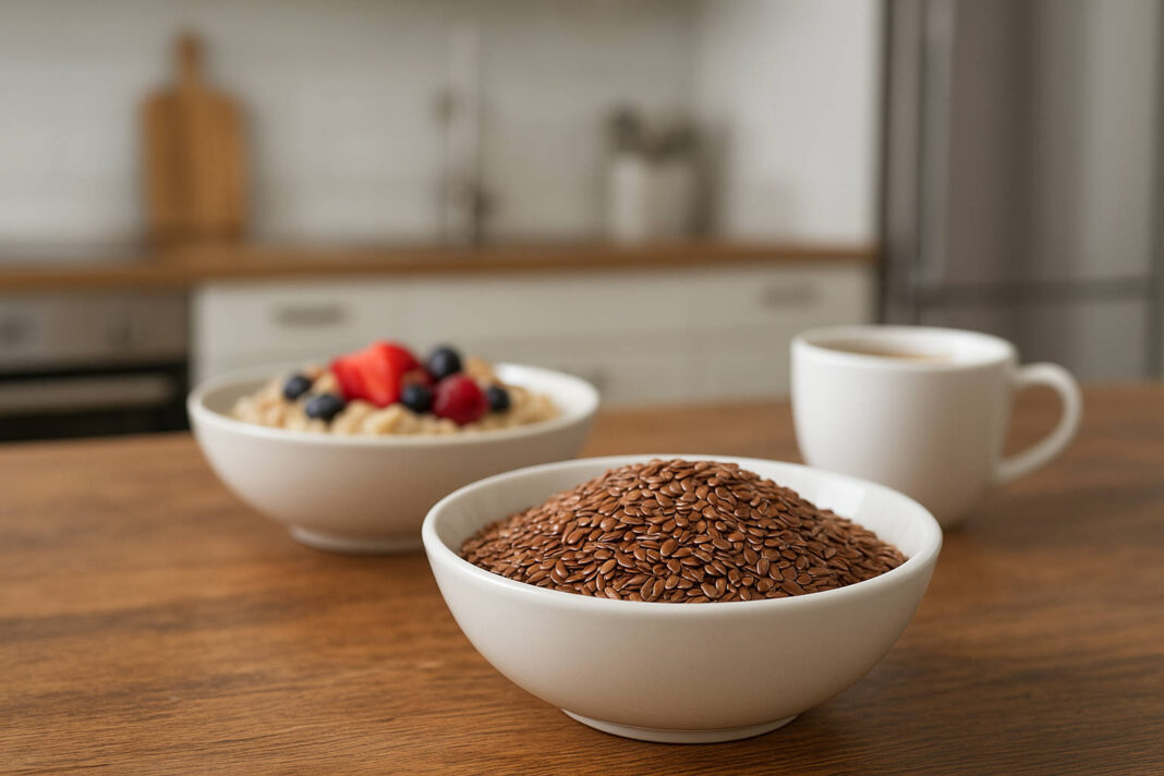 Siemię lniane w misce w kuchni, w tle śniadanie
