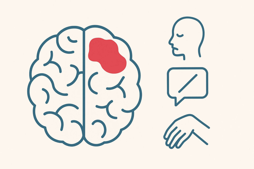 Infografika symbolizująca udar oraz jego objawy - bezwład, osuwająca się twarz i brak możliwości mowy