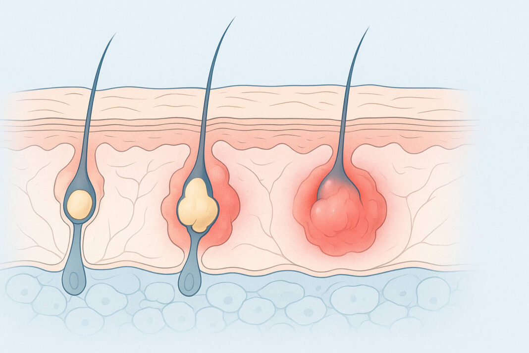 wypryski Przekrojowa ilustracja tworzenia się wyprysków na skórze