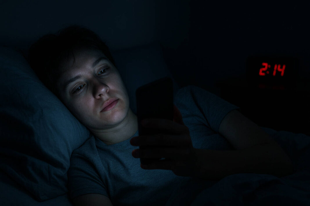 Kobieta z zaburzeniami snu przeglądająca telefon w nocy w łóżku