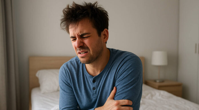 Mężczyzna budzący się rano z zakwasami