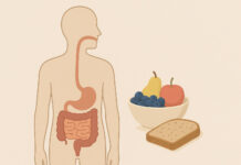 Ilustracja przedstawiająca sylwetkę człowieka z problemem zaparć i produkty, które pomagają na te dolegliwosc