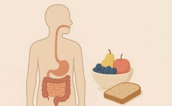 Zaparcia – przyczyny, dieta i domowe sposoby leczenia Ilustracja przedstawiająca sylwetkę człowieka z problemem zaparć i produkty, które pomagają na te dolegliwosc