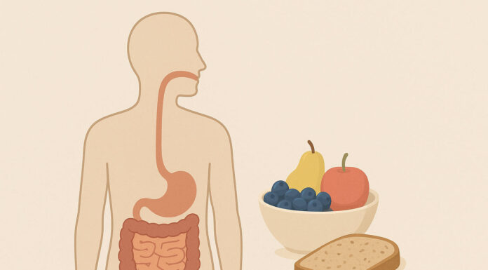 Zaparcia – przyczyny, dieta i domowe sposoby leczenia Ilustracja przedstawiająca sylwetkę człowieka z problemem zaparć i produkty, które pomagają na te dolegliwosc