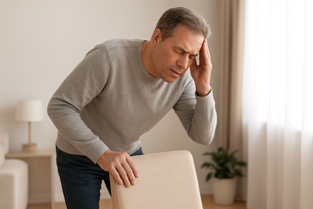 zawroty-glowy Mężczyzna z zawrotami głowy opierający się o krzesło