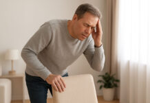 Mężczyzna z zawrotami głowy opierający się o krzesło